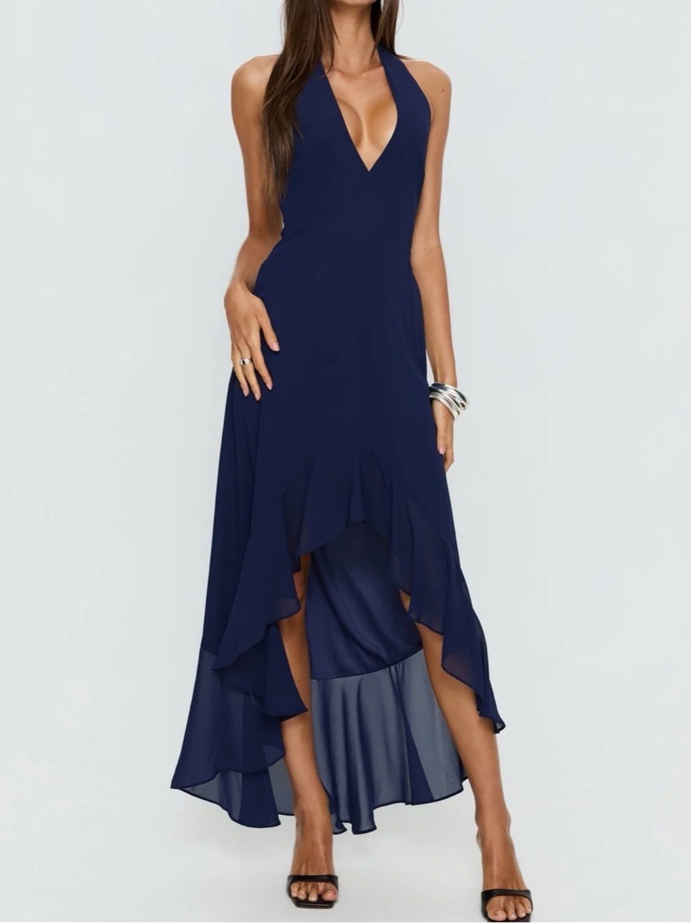 Princess Polly Agata Halter Frill Maxi Dress Navy